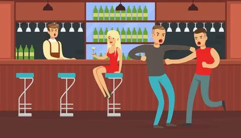 Two Drunk Men Fighting in Bar, Conflict Between People, Human Relations Vector Stock Illustration
