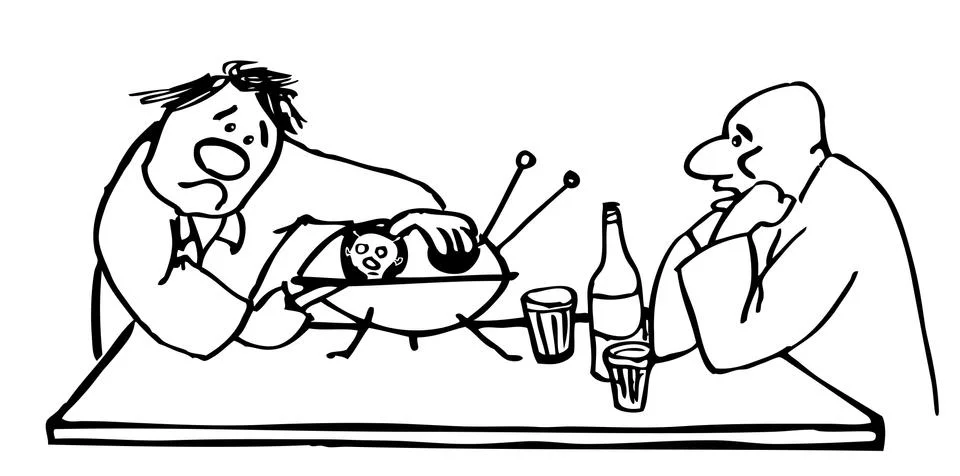 Two drunk men open a flying saucer thinking it's an oyster.  스톡 일러스트