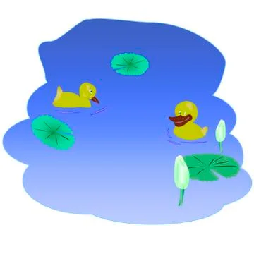 Two ducks on the surface of the lake, water lilies, leaves Stock Illustration