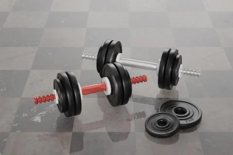 Two dumbbells in close-up view are reflected in the floor tiles. Stock Illustration