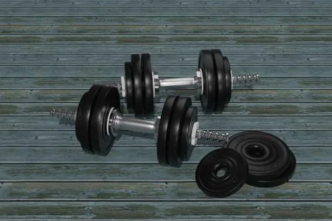 Two dumbbells in close-up view on blue wooden floor. Stock Illustration