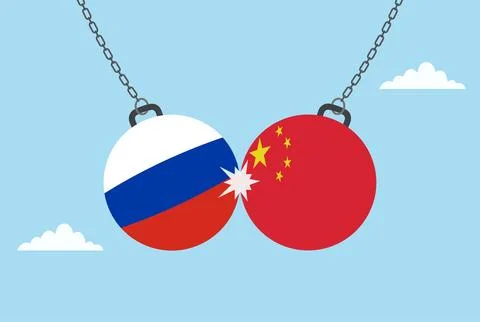 Two dumbbells colliding, one with the China flag and other Russia flag Illustrazione stock