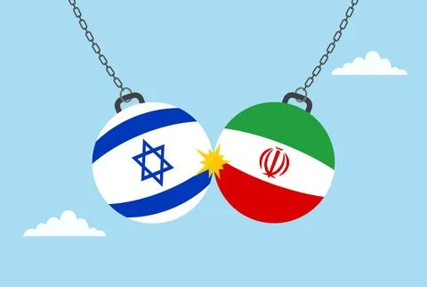 Two dumbbells colliding, one with the Irani flag and other Israeli  flag Stock Illustration