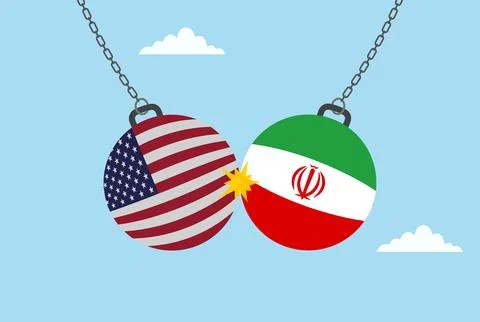 Two dumbbells colliding, one with the Irani flag and other USA flag Stock Illustration