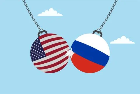 Two dumbbells colliding, one with the USA flag and other Russia flag Stock Illustration