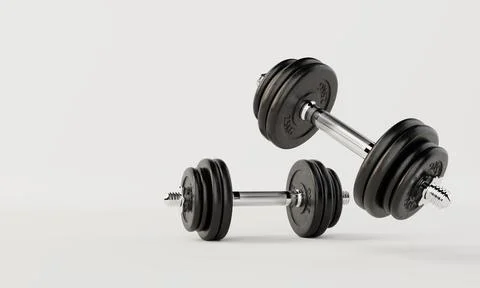Two dumbbells on isolated white background. Fitness and sport concept. 3D i.. Stock Photos