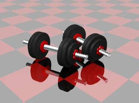 Two dumbbells on red black checkered floor with reflection. Stock Illustration