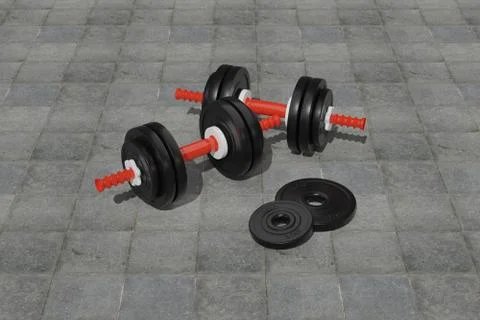 Two dumbbells with shadows on tiles. Stock Illustration