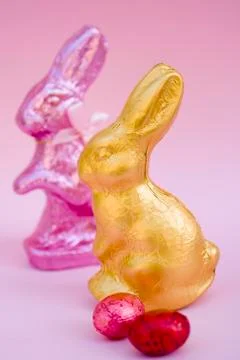 Two Easter Bunnies and two chocolate eggs Stock Photos