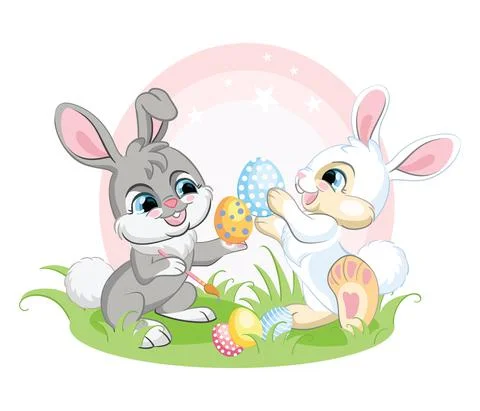 Two easter bunnies characters with eggs vector Stock Illustration
