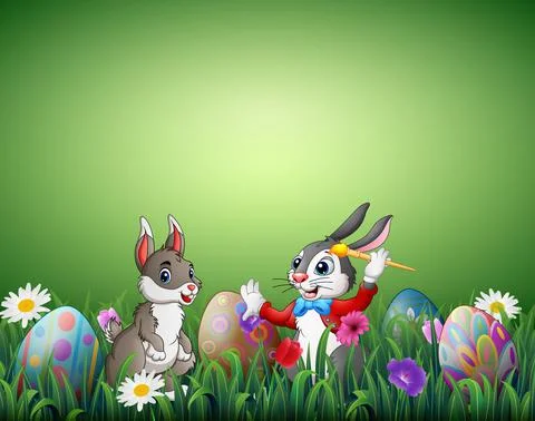 Two easter bunnies with easter eggs in a field Stock Illustration