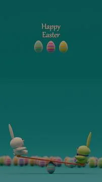 Two Easter Bunnies with Hovering Eggs and Border of Multicolored Eggs Stock Illustration