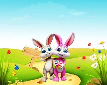 Two easter bunny with egg and wooden sign Illustrazione stock