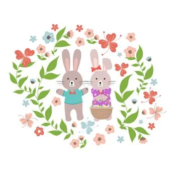 Two easter bunny. Rabbit holding a basket with Easter eggs. Template for a bi Stock Illustration
