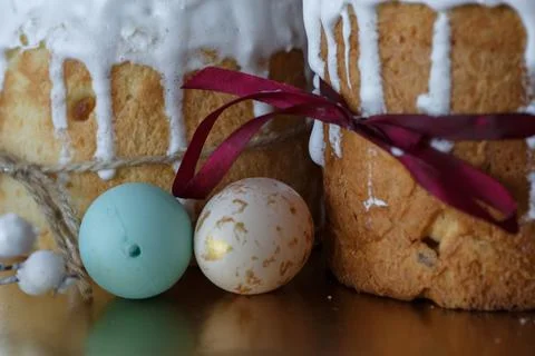 Two Easter cakes and colored eggs Stock Photos