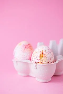 Two easter eggs decorated with classic blue watercolour aquarelle in carton Stock Photos