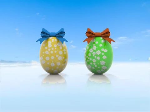 Two Easter eggs with gift bows 3d render Stock Illustration