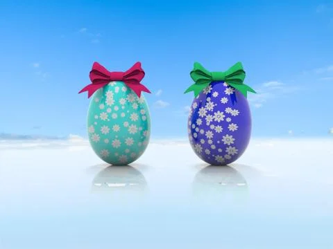 Two Easter eggs with gift bows 3d render Stock Illustration