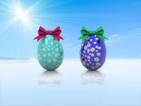 Two Easter eggs with gift bows 3d render Stock Illustration