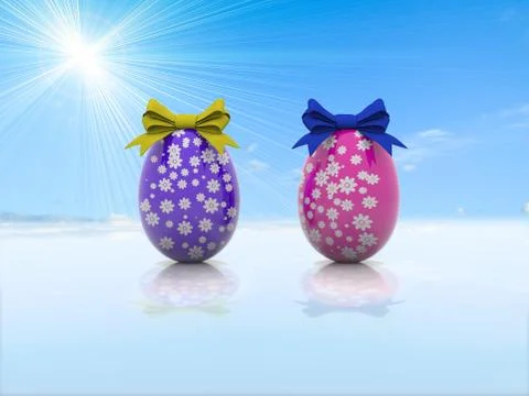 Two Easter eggs with gift bows 3d render Stock Illustration