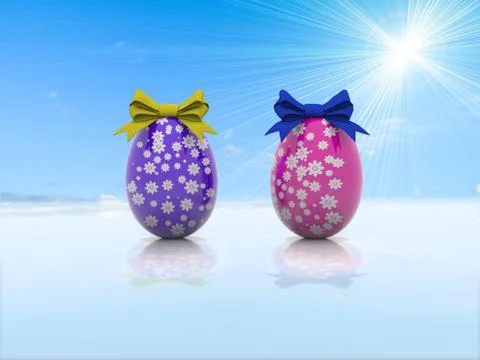 Two Easter eggs with gift bows 3d render Illustrazione stock