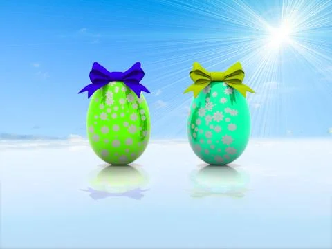 Two Easter eggs with gift bows 3d render Stock Illustration