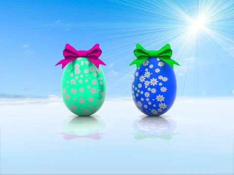Two Easter eggs with gift bows 3d render Illustrazione stock