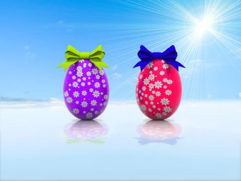 Two Easter eggs with gift bows 3d render Stock Illustration