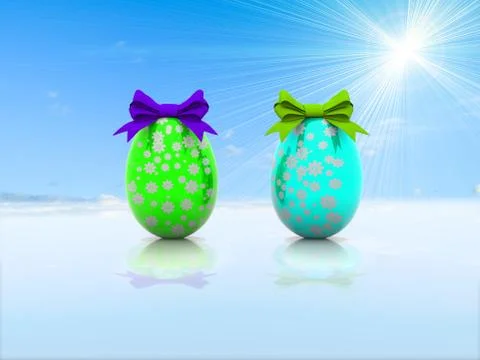 Two Easter eggs with gift bows 3d render Stock Illustration