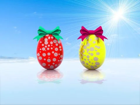 Two Easter eggs with gift bows 3d render Stock Illustration