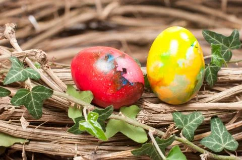 Two Easter eggs in a nest Stock Photos