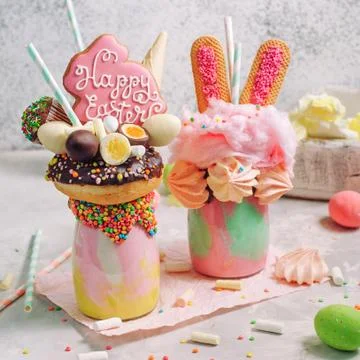 Two Easter freak shakes on party table Stock Photos