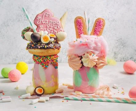 Two Easter freak shakes on party table Stock Photos