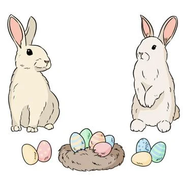 Two easter rabbits and easter eggs. Cartoon image colorful doodle. Lineart sk Stock Illustration