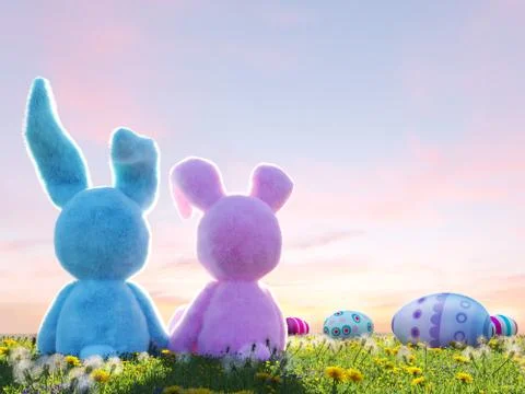 Two easter rabbits sitting in lawn with easter eggs. 3d rendering Stock Illustration