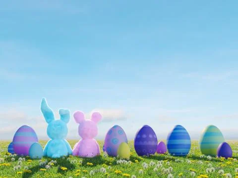 Two easter rabbits sitting in lawn with easter eggs. 3d rendering Stock Illustration