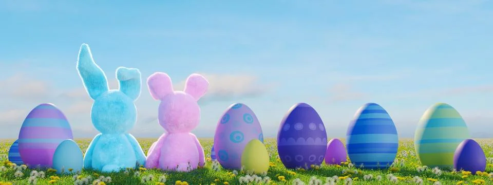 Two easter rabbits sitting in lawn with easter eggs. 3d rendering Illustrazione stock