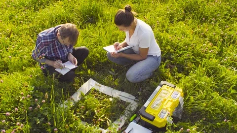 Two ecologist examining plants on the meadow Stock-Footage 95395834