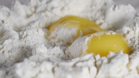 Two egg yolk falling into flour stock. Egg dropping into flour. Closeup 스톡 동영상 111290352
