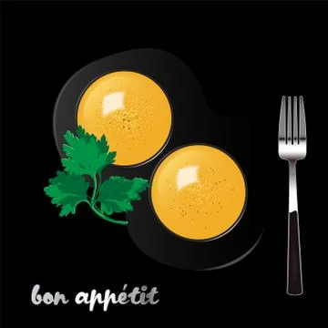 Two egg yolks and fork on black background. Stock Illustration