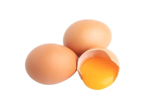 Two eggs and broken raw egg isolated on the white background Stock Photos