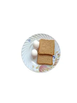 Two eggs with bread on a plate with white background Foto stock