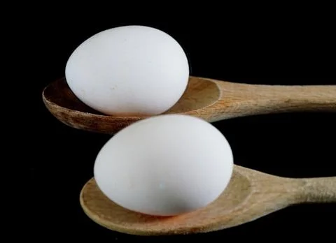 Two eggs on wooden spoons. Stock Photos