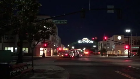 TWO EL CAJON FIRE TRUCKS ROLLING CODE RESPONCE EMERGENCY NIGHT DOWNTOWN LIGHTS Stock Footage 144192757