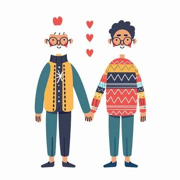 Two elderly characters holding hands, love hearts floating above, smiling faces Stock Illustration