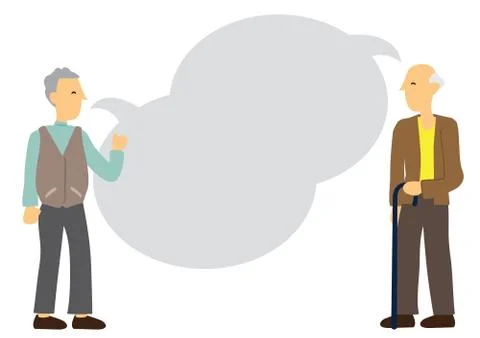 Two elderly friends talking with empty speech bubble. Concept of retirement, Illustration
