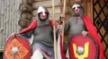 Two elderly knights in armours in Kyivan Rus park, Kopachiv village, Ukraine HD Footage