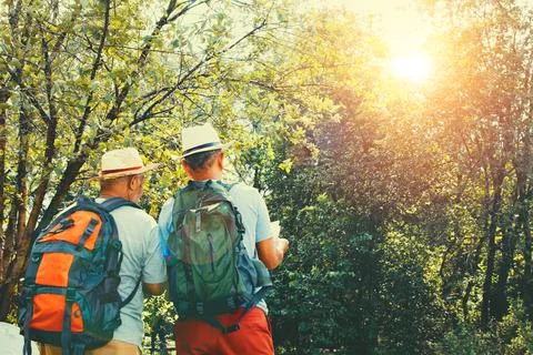 Two elderly men study hiking trails in tropical forests. Stock Photos