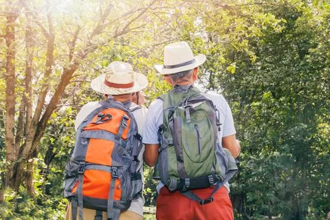 Two elderly men study hiking trails in tropical forests. Stock Photos