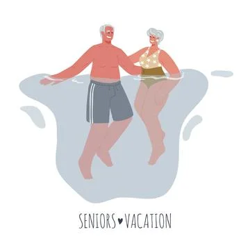 Two elderly people in bathing suits floating in the water.Older people on vac Stock-Illustration